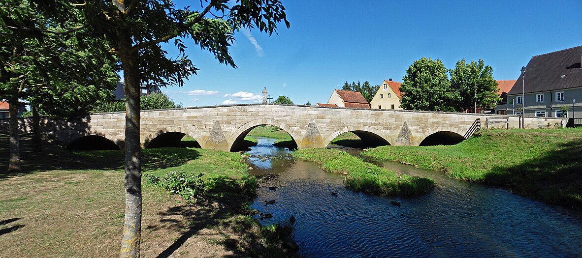 Stonebrigde over the Swabian Rezat in Pleinfeld, Middle Franconia.