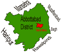 Location of Namli Maira (highlighted in red) within Abbottabad district. The names of the districts neighbouring Abbottabad are also shown.