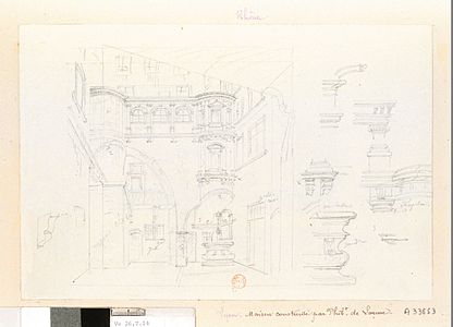 Lyon. Maison construite par Philibert Delorme. Cour et détails de l'Hôtel Bullioud, dessin, Paris, Bibliothèque nationale de France.