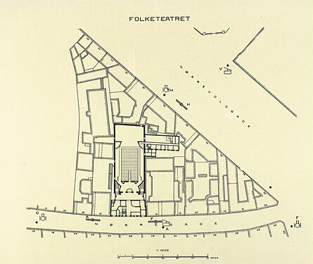 Plantegning med hovedindgangen i Nørregade 39 og gennemgang til baghuset Nørre Voldgade 50