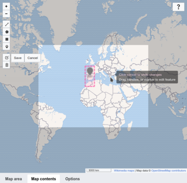 VisualEditor map editing modal showing map with one marker in edit mode