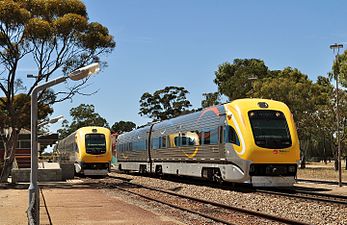 Prospector trains crossing at Merredin, Western Australia.