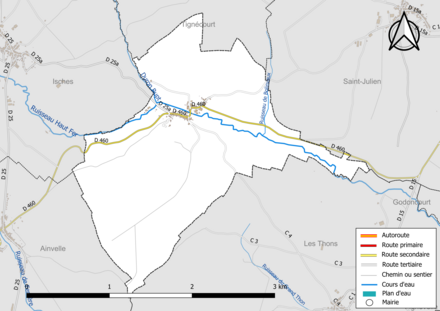 Carte en couleur présentant le réseau hydrographique de la commune