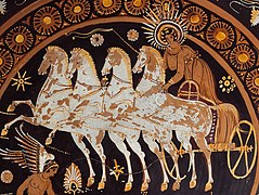 A terracotta lekanis dish depicting dawn eos on chariot with four horses eros a woman and a swan late 4th century metropolitan museum of art cropped detail eos.jpg