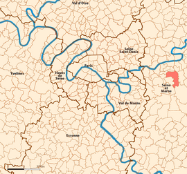 Location (in red) within Paris inner and outer suburbs