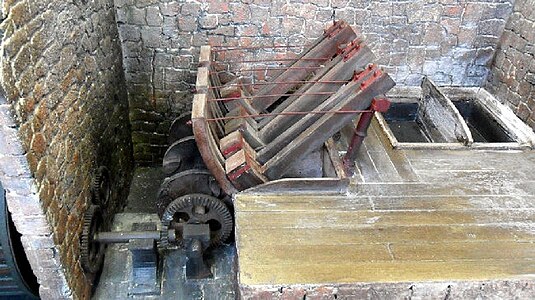 Model of a falling-stock machine, showing the set of hammers that drop in sequence to pound the cloth in the vats below