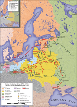 Darstellung der Feldzüge während der ersten Phase des Krieges vom Kriegsausbruch 1700 bis zur Kriegswende infolge der Schlacht bei Poltawa im Juli 1709.