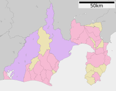 Mapa konturowa prefektury Shizuoka, na dole nieco na lewo znajduje się punkt z opisem „Kakegawa”