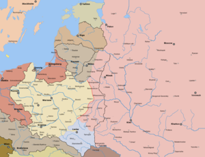 Sodan rintamalinat maaliskuussa 1919 ja sodan jälkeiset rajat mustalla. Itä-Galitsia sinisellä Puolan hallussa.