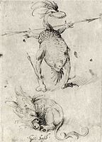 front: Two monsters, one of which carries an arrow. 1470-1516. pen and brown ink on paper. 16.3 × 11.7 cm (6.4 × 4.6 in). Berlin, Kupferstichkabinett.