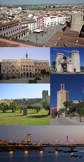 De cima para baixo e da esquerda para a direita: 1) Praça Alta; 2) Ayuntamiento (Praça de Espanha); 3) Porta de Palmas; 4) Estátua de ibne Maruane na Alcáçova de Badajoz; 5) Torre de Espantaperros; 6) Ponte Real, Ponte da Universidade e edifício-sede da Caja Badajoz.