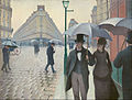 Image 2 Paris Street; Rainy Day Painting: Gustave Caillebotte Paris Street; Rainy Day (1877) is the best known painting by the French artist Gustave Caillebotte. This large oil painting shows a number of figures walking through the Carrefour de Moscou, a road intersection to the east of the Gare Saint-Lazare in north Paris. It was first shown at the Third Impressionist Exhibition of 1877, and is currently owned by the Art Institute of Chicago. More selected pictures