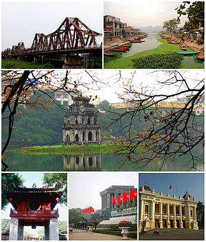 (poon Wala) itaas: Templo kan Literatura, Turtle Tower; tahaw: Torre nin Banderá kan Hanoi, Hanoi Opera House, Tulay nin Long Biên; ibaba: One Pillar Pagoda, Ho Chi Minh Mausoleum