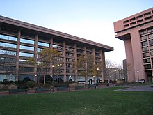 The L'Enfant Plaza complex of office buildings. Two buildings are visible, arranged around a courtyard.