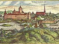 Storkyrkan bredvid slottet Tre Kronor ca 1570 Kopparstick från Civitates orbis terrarum