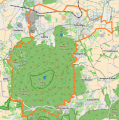 Mapa konturowa Sobótki, u góry nieco na lewo znajduje się punkt z opisem „Górka”