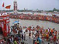 Malviya dwipa island across Har ki Pauri during Kavad mela, Haridwar.