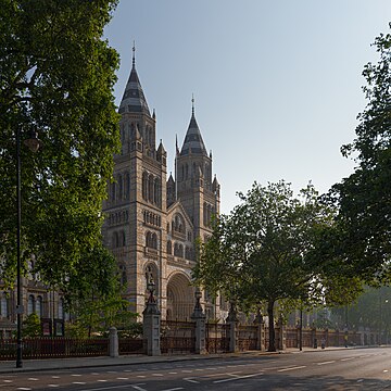 Southern facade of the Natural History Museum in London seen from across Cromwell Road, 2020.