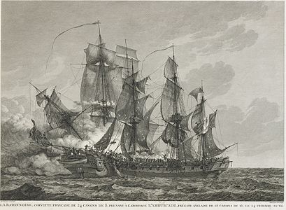 La corvette française La Bayonnaise attaquant la frégate anglaise l’Embuscade, en 1798.