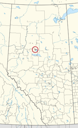 A map of the province of Alberta showing 80 counties and 145 small Indian reserves. One is highlighted with a red circle.