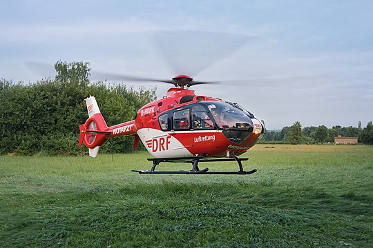 DRF Luftrettung Eurocopter EC135 P2 "Christoph 44" air ambulance helicopter (reg. D-HDRK, s/n 0477) during takeoff in Göttingen, Germany