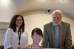 President G W Clough (standing right), Sarasays (standing left), and another Wikipedia editor at Luce Lunder Wikimedia DC edit-o-thon. Sarasays use a different one of my photographs of her on her user page.