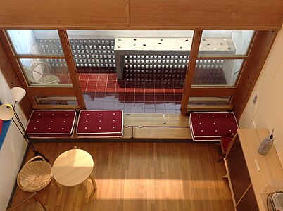 Salon and Terrace of an original unit of the Unité d'Habitation, now at the Cité de l'Architecture et du Patrimoine in Paris (1952)