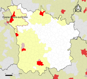 Localisation de l'aire d'attraction de Cosne-Cours-sur-Loire dans le département de la Nièvre.