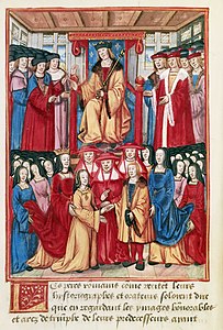 Fiançailles de François d'Angoulême et de Claude de France. Enluminure de Guillaume II Le Roy ornant les Chroniques de Louis XII par Jehan d'Authon, Lyon, vers 1507, Paris, BnF, Ms. Français 5083, fo 1.