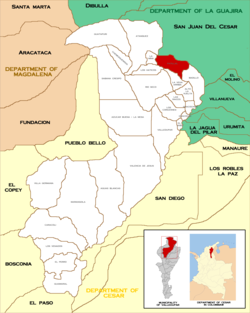 Location of the municipality of Patillal (red) in the municipality of Valledupar.