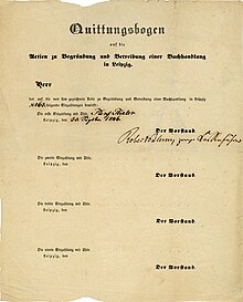 Quittungsbogen auf die Aktien zu Begründung und Betreibung einer Buchhandlung in Leipzig mit bestätigter ersten Einzahlung von 5 Thalern, ausgestellt am 30. September 1846, im Original unterschrieben von Robert Blum als Vorstandsvorsitzender und als provisorischer Kassenführer