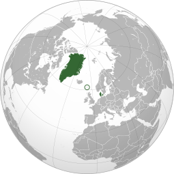 Location o the Kinrick o Denmark consistin o Greenland, the Faroe Islands (circled) an Denmark