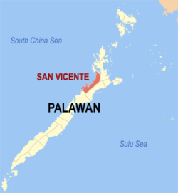 Mapa ng Palawan na nagpapakita sa lokasyon ng San Vicente.