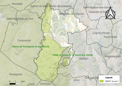 Carte des ZNIEFF de type 2 sur la commune.