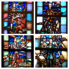 Figures from U.S. Baptist history in the stained glass windows of National Baptist Memorial Church, Washington, D.C. Clockwise from top left: James Madison, John Leland, John Mason Peck, Adoniram Judson, and Rice