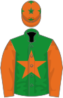 Green, orange star, orange sleeves, ornage cap, green stars