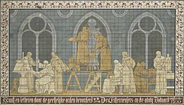 Tegeltableau aan de buitenkant van het Rijksmuseum "De Cisterciënzers in de abdij Aduard omstreeks 1200"