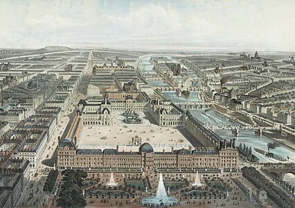 The Tuileries Palace (foreground) and Louvre (center) in 1850.