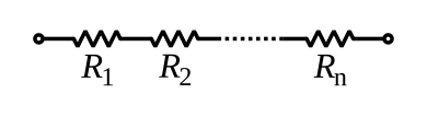 Circuit diagram of several resistors, labelled R1, R2 ... Rn, connected end to end