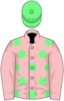 Pink, light green spots, pink sleeves, light green cap