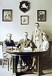 Opening festivities of the Consulate General of Lithuania in New York City, 1930. The Coat of arms of Lithuania Vytis (Waykimas) is hanging on a wall.