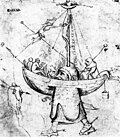 Hieronymus Bosch (?). Ship in flames label QS:Len,"Ship in flames" label QS:Lde,"Schiff in Flammen" label QS:Lnl,"Schip in vlammen" . ink on paper medium QS:P186,Q127418;P186,Q11472,P518,Q861259 . 17.6 × 15.3 cm (6.9 × 6 in). Vienna, Akademie der bildenden Künste.