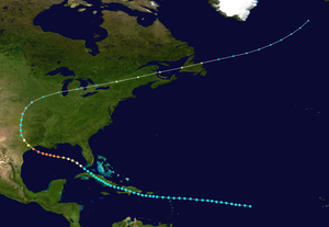 The path of the 1900 Galveston hurricane. It begins over the open Atlantic Ocean and crosses Hispaniola and Cuba as a tropical storm. The storm strengthens over the Gulf of Mexico, becoming a Category 4 before striking Texas. The cyclone then moves north and eventually recurves east-northeastward over the Midwest. After that, the system tracks across the Midwest and eastern Canada, before reaching the Atlantic again and ending near Iceland