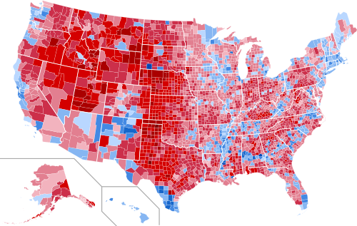 Results by county, shaded according to winning candidate's percentage of the vote.