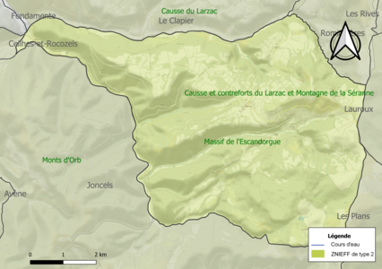 Carte de la ZNIEFF de type 2 sur la commune.