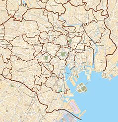 Mapa konturowa Tokio, blisko centrum u góry znajduje się punkt z opisem „Yushima Seidō”