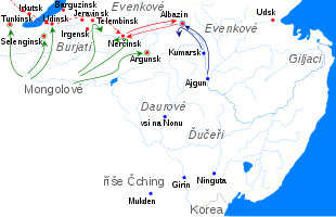 Mapa Zabajkalska a Poamuří s vyznačenými směry pohybu Čchingů (z Ajgunu po Amuru k Albazinu) a nájezdy Mongolů na ruské ostrohy v Zabajkalí