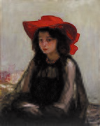 Joven con sombrero rojo en el museo de artes de Kiev