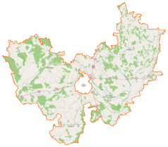 Mapa konturowa powiatu łomżyńskiego, po lewej znajduje się punkt z opisem „Nowogród”