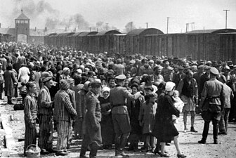 Jews from Carpatho-Ruthenia are "selected" on the Judenrampe, May–June 1944. To be sent to the right meant assignment to slave labour; to the left, the gas chambers.[41]